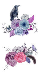 Watercolor raven with flowers. Hand drawn illustration for halloween.