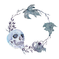 Watercolor skull with leaves and spider. Hand drawn illustration for halloween.