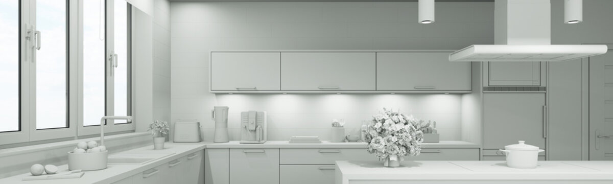 Weißes 3D CAD Modell einer Küche