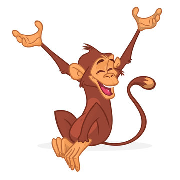 Cute Monkey Chimpanzee Flat Bright Color Simplified Vector Illustration In Fun Cartoon Style Design. Vector drawing of a monkey outlined