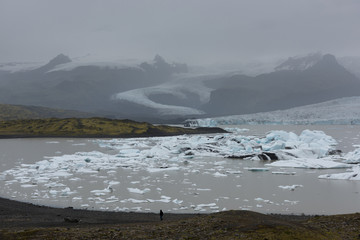 Lonely man in glacier lagoon in Iceland