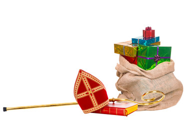 Mitre or miter and sack with gifts of saint nicholas. Dutch sinterklaas