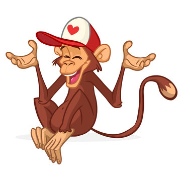 Cartoon funny monkey wearing hat cap and smiling. Vector illustration