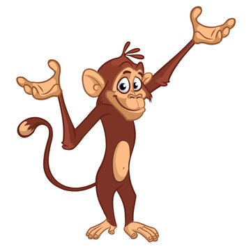 Cute Monkey Chimpanzee Flat Bright Color Simplified Vector Illustration In Fun Cartoon Style Design. Vector drawing of a monkey outlined