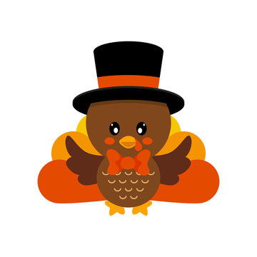 cartoon cute turkey vector in hat with tie