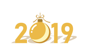 Happe New Year gold background. Isolated 2019 golden numbers, bauble. Flat Christmas ball. Design for celebration card, holiday greeting, calendar, banner. Typography graphic. Vector illustration