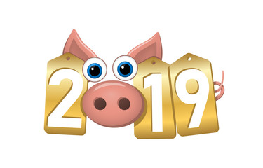 Happy New Year background. Pink pig 3D, gold sale tags. Golden 2019 numbers. Piggy snout. Chinese design decoration, celebration card, Christmas discount. Cartoon piglet nose. Vector Illustration