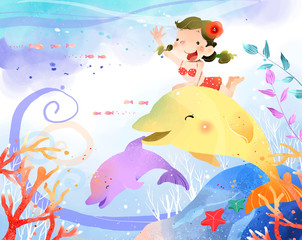 Girl riding on dolphin fish in water