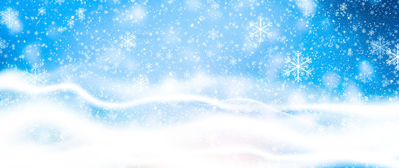 Blue bokeh background with snowflakes. Empty winter background, snowy, celebratory.