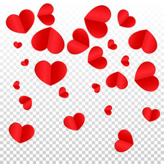 Fototapeta na wymiar Hearts Confetti Falling Background. St. Valentine's Day pattern. Romantic Scattered Hearts Design Element. Love. Sweet Moment. Gift. Cute Element of Design for Sales or Celebration.