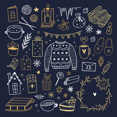 Christmas graphics on dark background. Winter style golden illustrations. Cute hygge doodles: sweater, sweets, candles and wreaths