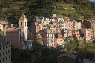 Manarola, second smallest, loveliest and oldest of Cinque Terre seaside villages along the Ligurian rugged coast, view of its attractive and colorful houses, La Spezia province, Liguria region, Italy