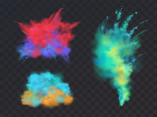 Vector realistic set of colorful powder clouds or explosions, isolated on transparent background. Abstract ink splashes, decorative vibrant paints for Holi fest, traditional spring indian holiday