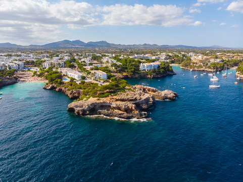 Spain, Mallorca, Portocolom, Aerial view of Cala d'Or and bay Cala Ferrera