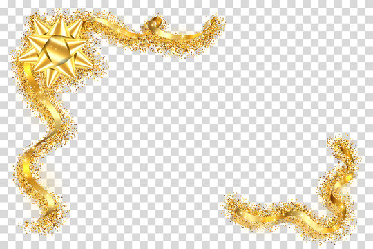 Gold ribbon frame. Golden serpentine design. Decorative streamer border, isolated transparent white background. Decoration for Christmas, carnival, holiday celebration, birthday. Vector illustration