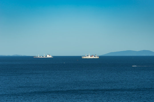 seascape with views of ships, sea and sky.