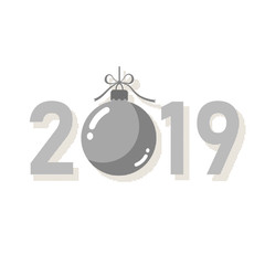 Happe New Year silver background. Isolated 2019 gray numbers, bauble. Flat Christmas ball. Design for celebration card, holiday greeting, calendar, banner. Typography graphic. Vector illustration