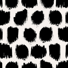 Seamless pattern with black round wide brush strokes on cream background. Monochrome hand drawn ink texture. Minimal abstract design.