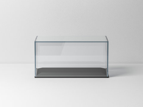 Glass box Mockup with black podium for product presentation or scale car model