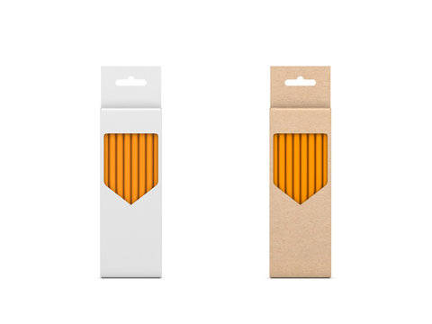 Two Pencils Sets in brown and white cardboard box Mockup isolated on white