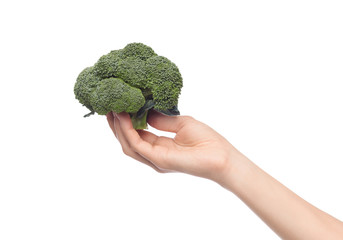 Naklejka na ściany i meble Female hand holding broccoli isolated on white