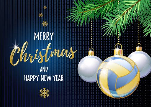 Merry Christmas And Happy New Year. Sports Greeting Card. Beach Volleyball Ball As A Christmas Ball. Vector Illustration.