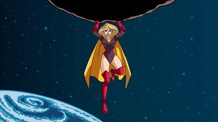 Looping animation of powerful and brave superhero holding huge asteroid above his head during dangerous mission. © Malchev