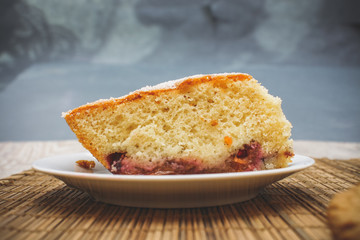 Large shot of sponge cake plum pie.