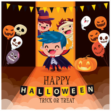 Vintage Halloween poster design with vector witch, ghost, mummy, demon, Jack O Lantern, monster character.  