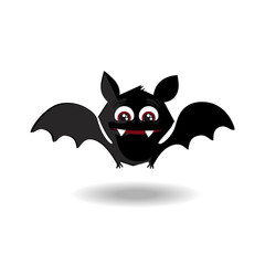 Cute flying cartoon bat with fangs and red eyes isolated on white background.