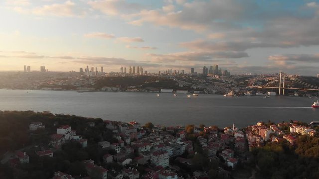 Aerial view of high rise buildings of Istanbul business district from Bosphorus
