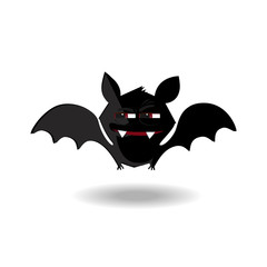 happy flying bat flittermouse with red eyes and fangs on white background