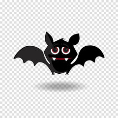 Funny cartoon bat with fangs and red eyes on transparent background.