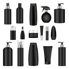 Black cosmetics bottle set. 3d mock-up package. Vector illustration of spray, dispenser and dropper, cream jar, shampoo, lotion, soap, toothpaste.