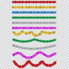 Christmas tinsel set. Vector cartoon simple garland in different colours isolated on a white background. Holiday and party decor element.