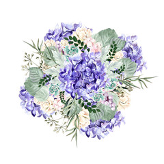 Watercolor bouquet with hydrangea flowers, roses, succulent plants, berries and leaves. 