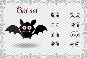Halloween vector set of cute cartoon bat character for creation emotions on transparent background
