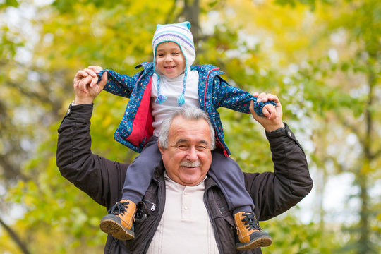 Happy weekend concept. happy grandfather and grandson are walking in the park. Autumn day. Grandpa rolls on the shoulders of a little boy.