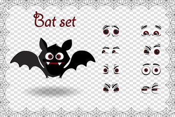 Halloween vector set of cute cartoon bat character for creation emotions on transparent background