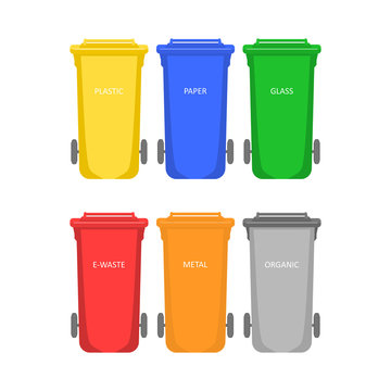 Garbage container. Colored waste bins for sorting waste on white background. Flat vector illustration style.