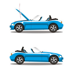 Vector set of broken cartoon cyan blue cabriolet sport car before and after crash isolated on white