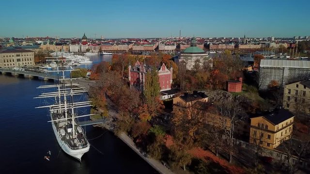 Aerial view of Skeppsholmen  and the Af Chapman ship in Stockholm, Sweden