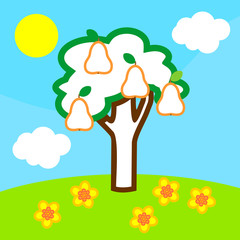 Coloring page. Cartoon summer landscape with pear tree with fruits, blue sky, white clouds and yellow sun