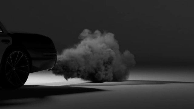 Fumes emmited from car exhaust dual pipe. White dense smoke on black background.