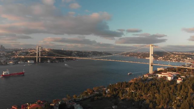 Aerial view of 15th July Martyrs Bridge (formerly Bosphorus Bridge) between Asia and Europe aerial view from Asian side in Istanbul Turkey