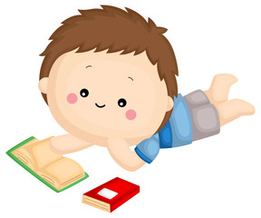 a kid reading a couple of books