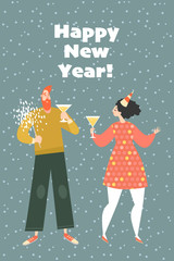 New Year greeting card. Couple at a party. Happy boy and girl celebrate the coming of the new year together