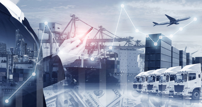 Business shipping industry logistics multiple exposure financial background