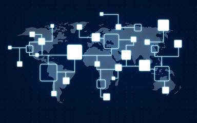 connection, communication and technology concept - network or block chain and world map over dark blue background