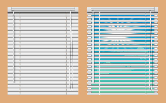 Vettoriale Stock Window blinds mockup set. Vector realistic illustration  windows with open and close horizontal blind curtains. | Adobe Stock